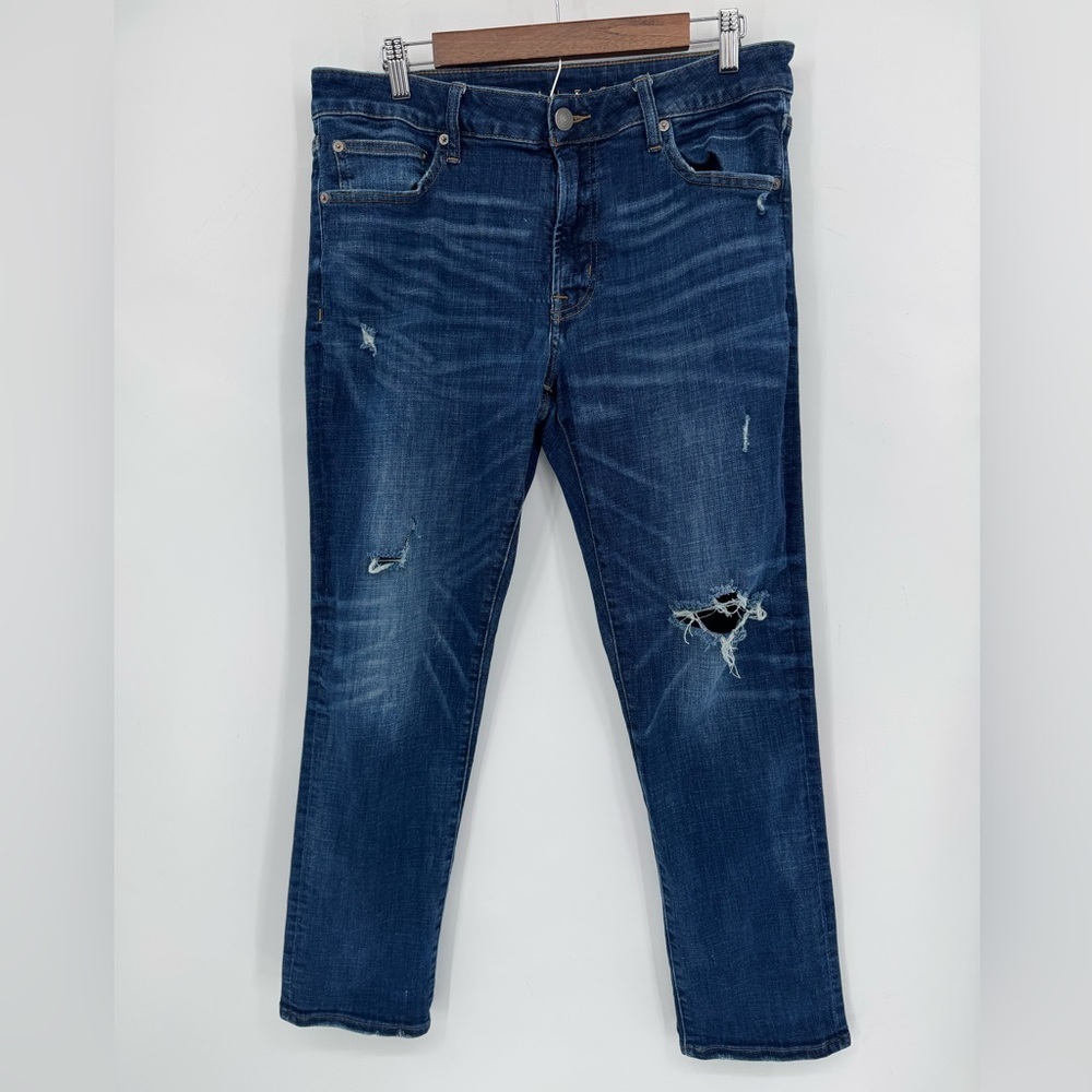 American Eagle Men's Dark Blue Distressed Next Level Flex Jeans Size 34X30